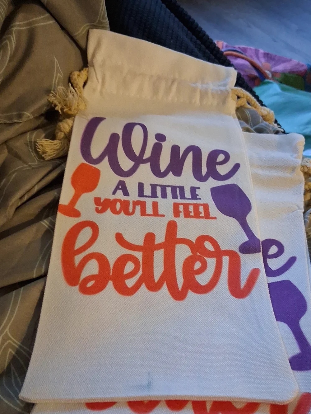 Canvas Wine Gift Bag - 'Wine A Little' Print in Purple & Orange